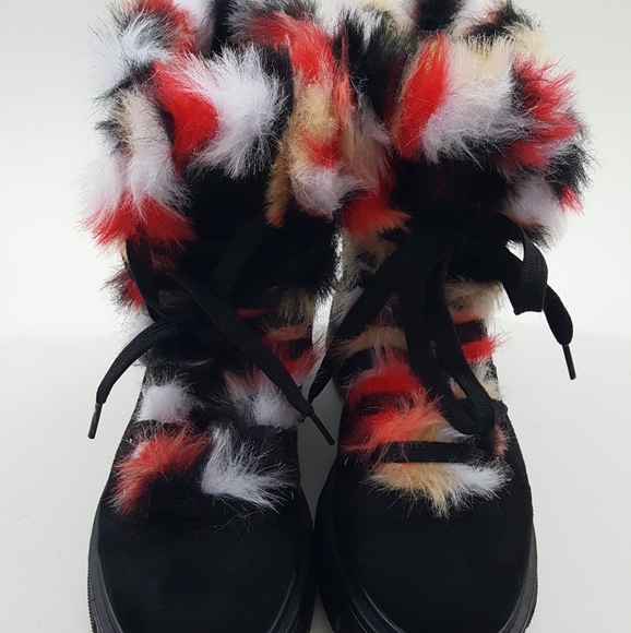 Women Bamboo Faux Fur Trim Combat Boots - Picture 4 of 6